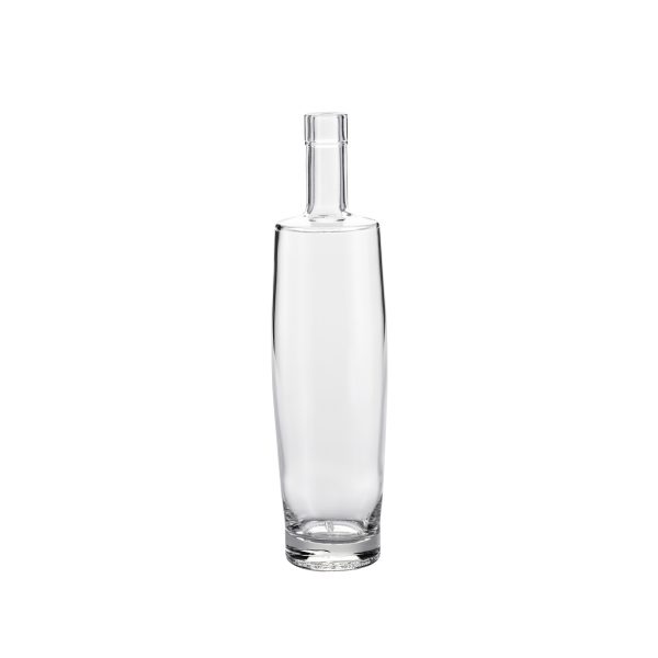 Glass bottle with long skinny neck on white background